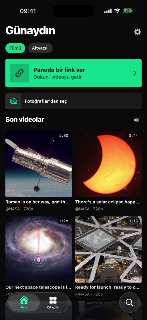 Ana ekran: panodaki link kartı, Fotoğraflar'dan seç düğmesi ve son videolar