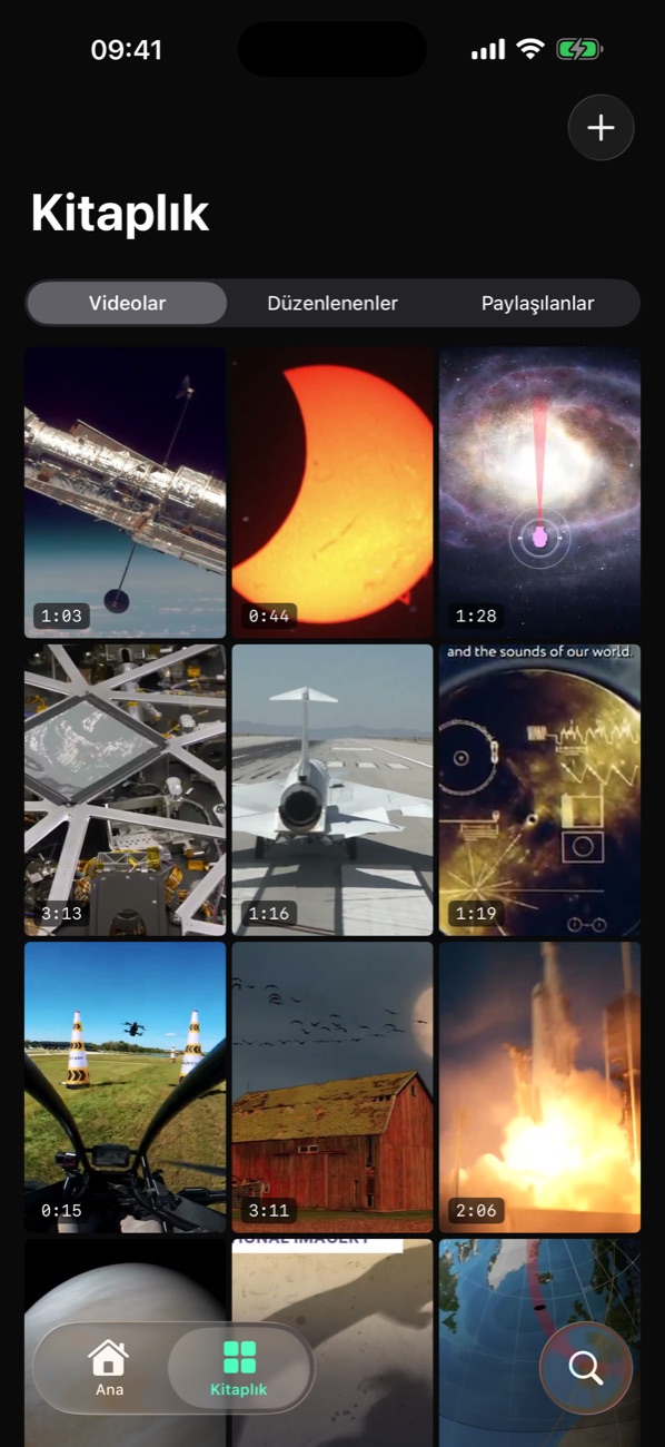 Kitaplık: Videolar, Düzenlenenler ve Paylaşılanlar sekmeleri, altında video ızgarası