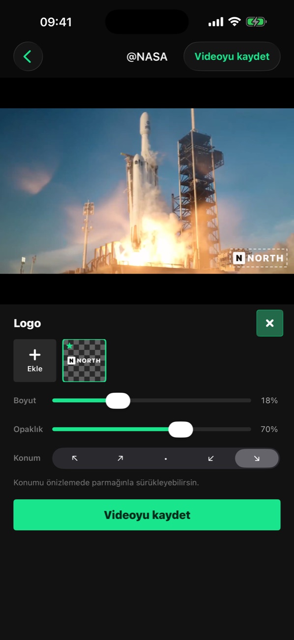Logo ekranı: roket videosunun köşesinde logo, altta boyut, opaklık ve konum ayarları